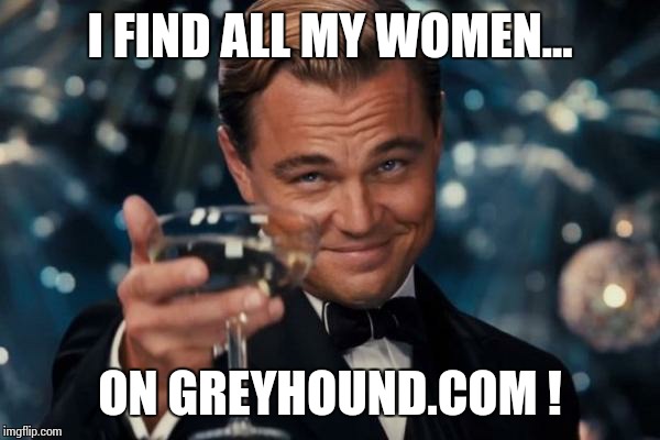 Leonardo Dicaprio Cheers Meme | I FIND ALL MY WOMEN... ON GREYHOUND.COM ! | image tagged in memes,leonardo dicaprio cheers | made w/ Imgflip meme maker