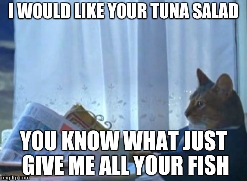 I Should Buy A Boat Cat | I WOULD LIKE YOUR TUNA SALAD YOU KNOW WHAT JUST GIVE ME ALL YOUR FISH | image tagged in memes,i should buy a boat cat | made w/ Imgflip meme maker