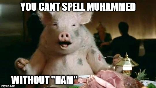 Lil' Porkies... | YOU CANT SPELL MUHAMMED WITHOUT "HAM" | image tagged in pig eats ham | made w/ Imgflip meme maker