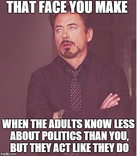 Face You Make Robert Downey Jr Meme | THAT FACE YOU MAKE WHEN THE ADULTS KNOW LESS ABOUT POLITICS THAN YOU, BUT THEY ACT LIKE THEY DO | image tagged in memes,face you make robert downey jr | made w/ Imgflip meme maker