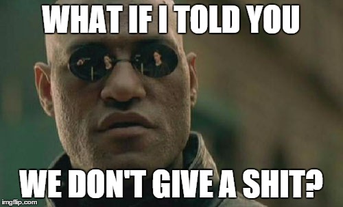 Matrix Morpheus Meme | WHAT IF I TOLD YOU WE DON'T GIVE A SHIT? | image tagged in memes,matrix morpheus | made w/ Imgflip meme maker