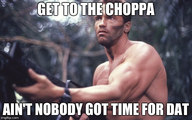 Get to the choppa | GET TO THE CHOPPA AIN'T NOBODY GOT TIME FOR DAT | image tagged in arnold schwarzenegger | made w/ Imgflip meme maker