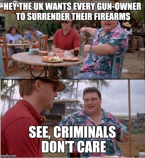 In response to the Paris attacks they say... | HEY THE UK WANTS EVERY GUN-OWNER TO SURRENDER THEIR FIREARMS SEE, CRIMINALS DON'T CARE | image tagged in memes,see nobody cares | made w/ Imgflip meme maker