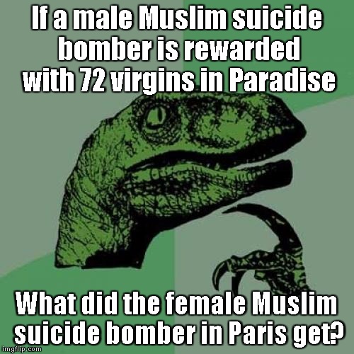Philosoraptor | If a male Muslim suicide bomber is rewarded with 72 virgins in Paradise What did the female Muslim suicide bomber in Paris get? | image tagged in memes,philosoraptor | made w/ Imgflip meme maker