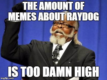 Ironic strikes again. Seeing that this meme is about raydog | THE AMOUNT OF MEMES ABOUT RAYDOG IS TOO DAMN HIGH | image tagged in memes,too damn high | made w/ Imgflip meme maker