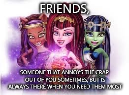 Friends | FRIENDS, SOMEONE THAT ANNOYS THE CRAP OUT OF YOU SOMETIMES, BUT IS ALWAYS THERE WHEN YOU NEED THEM MOST | image tagged in monster high 13 wishes | made w/ Imgflip meme maker