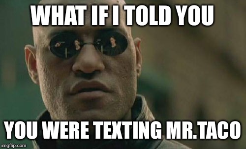Matrix Morpheus | WHAT IF I TOLD YOU YOU WERE TEXTING MR.TACO | image tagged in memes,matrix morpheus | made w/ Imgflip meme maker