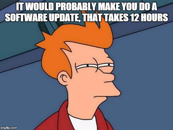 IT WOULD PROBABLY MAKE YOU DO A SOFTWARE UPDATE, THAT TAKES 12 HOURS | image tagged in memes,futurama fry | made w/ Imgflip meme maker