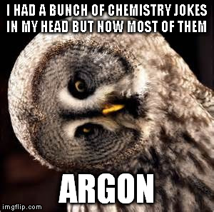 I HAD A BUNCH OF CHEMISTRY JOKES IN MY HEAD BUT NOW MOST OF THEM ARGON | image tagged in confused owl | made w/ Imgflip meme maker