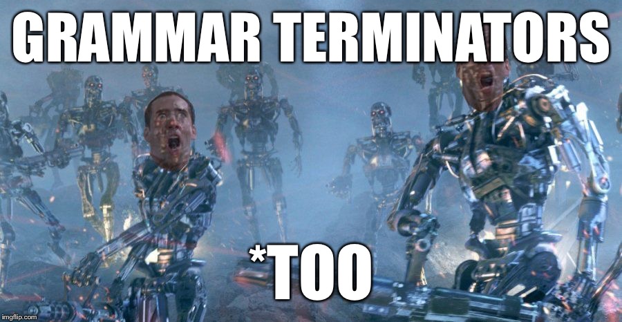 Skynet Cage | GRAMMAR TERMINATORS *TOO | image tagged in skynet cage | made w/ Imgflip meme maker