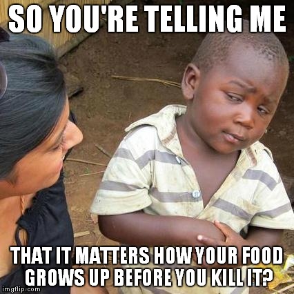 Third World Skeptical Kid Meme | SO YOU'RE TELLING ME THAT IT MATTERS HOW YOUR FOOD GROWS UP BEFORE YOU KILL IT? | image tagged in memes,third world skeptical kid | made w/ Imgflip meme maker