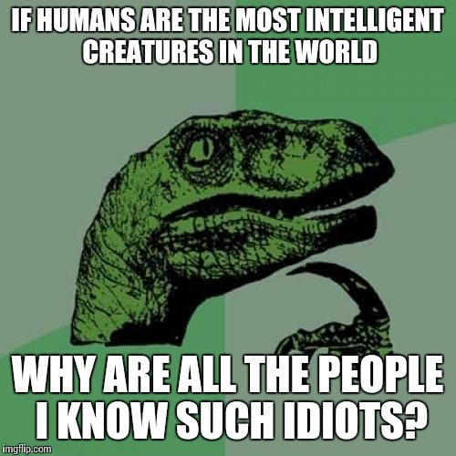 Philosoraptor | IF HUMANS ARE THE MOST INTELLIGENT CREATURES IN THE WORLD WHY ARE ALL THE PEOPLE I KNOW SUCH IDIOTS? | image tagged in memes,philosoraptor | made w/ Imgflip meme maker