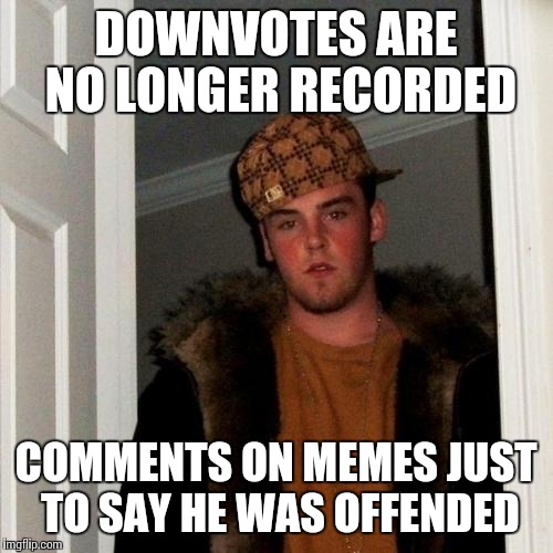 Scumbag Steve Meme | DOWNVOTES ARE NO LONGER RECORDED COMMENTS ON MEMES JUST TO SAY HE WAS OFFENDED | image tagged in memes,scumbag steve | made w/ Imgflip meme maker