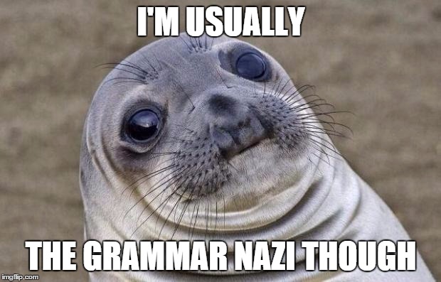 Awkward Moment Sealion Meme | I'M USUALLY THE GRAMMAR NAZI THOUGH | image tagged in memes,awkward moment sealion | made w/ Imgflip meme maker