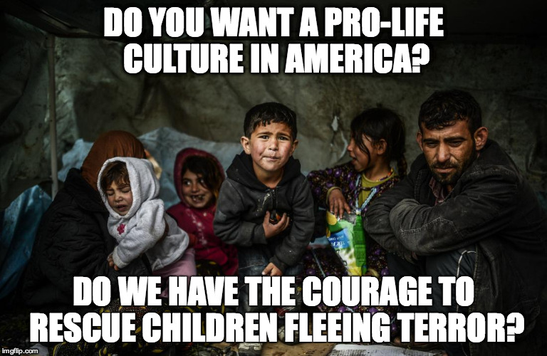 Syrian refugees  | DO YOU WANT A PRO-LIFE CULTURE IN AMERICA? DO WE HAVE THE COURAGE TO RESCUE CHILDREN FLEEING TERROR? | image tagged in syrian refugees | made w/ Imgflip meme maker