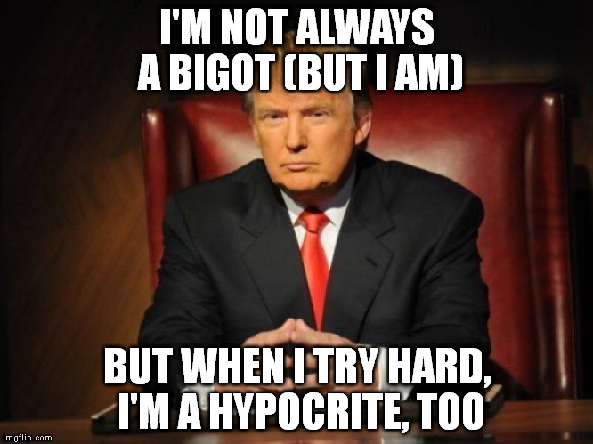 donald trump | I'M NOT ALWAYS A BIGOT
(BUT I AM) BUT WHEN I TRY HARD, I'M A HYPOCRITE, TOO | image tagged in donald trump | made w/ Imgflip meme maker