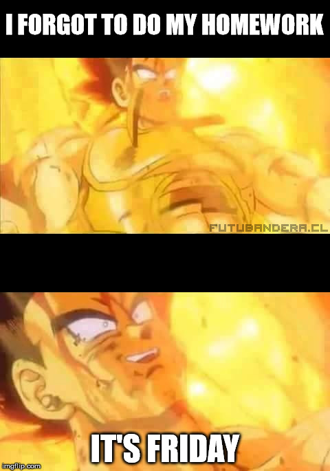 Vegeta Dead | I FORGOT TO DO MY HOMEWORK IT'S FRIDAY | image tagged in vegeta dead | made w/ Imgflip meme maker