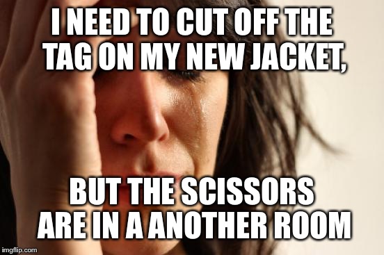 First World Problems Meme | I NEED TO CUT OFF THE TAG ON MY NEW JACKET, BUT THE SCISSORS ARE IN A ANOTHER ROOM | image tagged in memes,first world problems | made w/ Imgflip meme maker