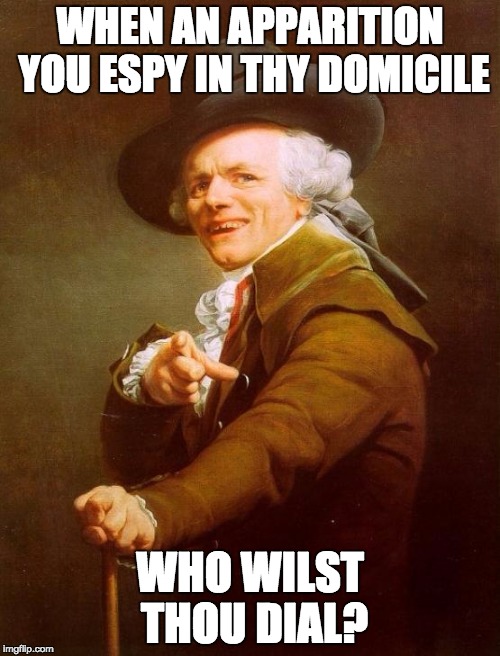 Joseph Ducreux | WHEN AN APPARITION YOU ESPY IN THY DOMICILE WHO WILST THOU DIAL? | image tagged in memes,joseph ducreux,ghostbusters,ghost,funny | made w/ Imgflip meme maker