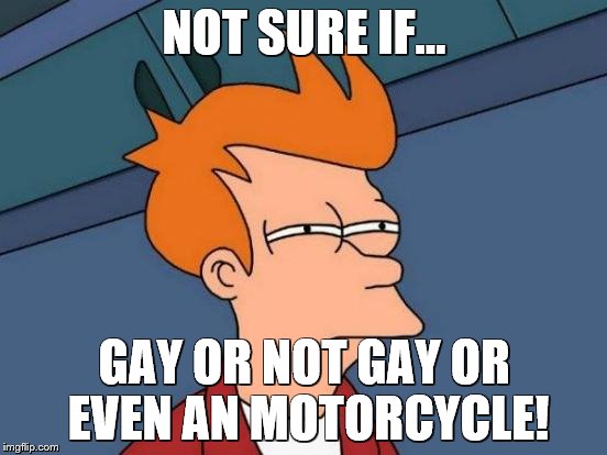 Futurama Fry Meme | NOT SURE IF... GAY OR NOT GAY OR EVEN AN MOTORCYCLE! | image tagged in memes,futurama fry | made w/ Imgflip meme maker