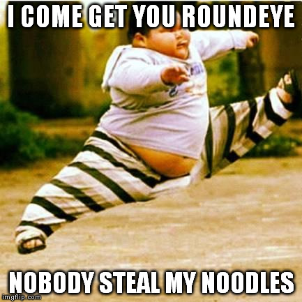fat asian kid | I COME GET YOU ROUNDEYE NOBODY STEAL MY NOODLES | image tagged in fat asian kid | made w/ Imgflip meme maker