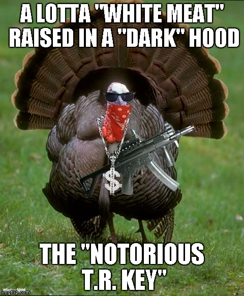 Coming soon to a Thanksgiving near you... | A LOTTA "WHITE MEAT" RAISED IN A "DARK" HOOD THE "NOTORIOUS T.R. KEY" | image tagged in turkey,funny animals,funny,thanksgiving,happy holidays | made w/ Imgflip meme maker