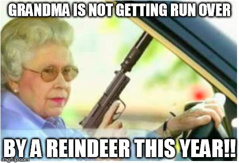 grandma gun weeb killer | GRANDMA IS NOT GETTING RUN OVER BY A REINDEER THIS YEAR!! | image tagged in grandma gun weeb killer | made w/ Imgflip meme maker