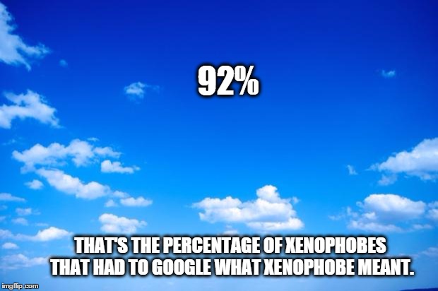 blue sky | 92% THAT'S THE PERCENTAGE OF XENOPHOBES THATHAD TO GOOGLE WHAT XENOPHOBE MEANT. | image tagged in blue sky | made w/ Imgflip meme maker