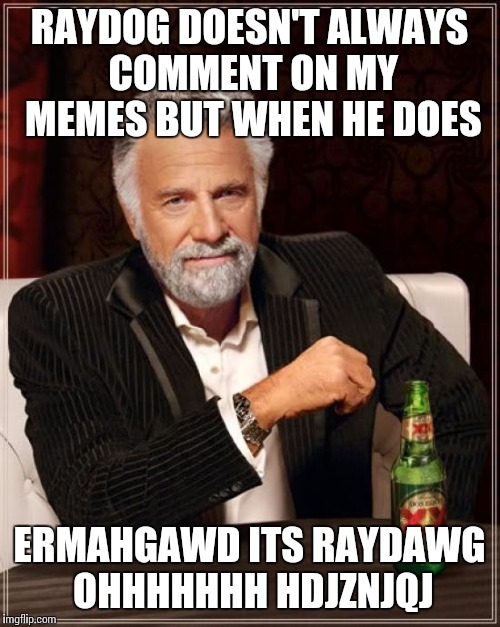 The Most Interesting Man In The World Meme | RAYDOG DOESN'T ALWAYS COMMENT ON MY MEMES BUT WHEN HE DOES ERMAHGAWD ITS RAYDAWG OHHHHHHH HDJZNJQJ | image tagged in memes,the most interesting man in the world | made w/ Imgflip meme maker
