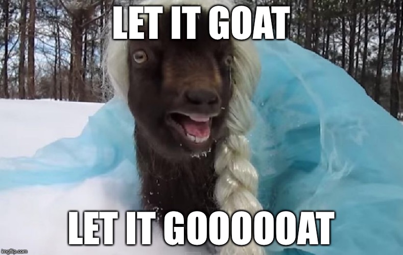 I personally thought Frozen was pretty baaaaad | LET IT GOAT LET IT GOOOOOAT | image tagged in memes,puns,stupid,goats,frozen,funny | made w/ Imgflip meme maker
