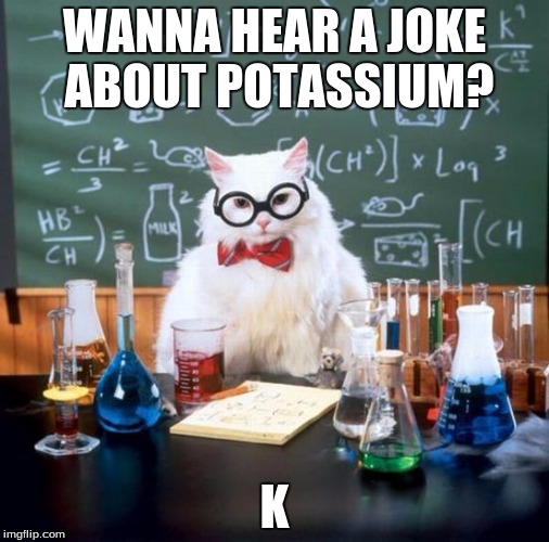 Chemistry Cat Meme | WANNA HEAR A JOKE ABOUT POTASSIUM? K | image tagged in memes,chemistry cat | made w/ Imgflip meme maker