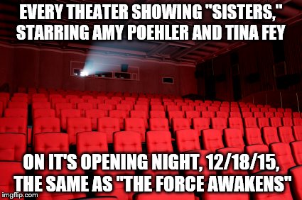 ...the scenario for every movie theater on 12/18/15 | EVERY THEATER SHOWING "SISTERS," STARRING AMY POEHLER AND TINA FEY ON IT'S OPENING NIGHT, 12/18/15, THE SAME AS "THE FORCE AWAKENS" | image tagged in memes,funny memes,star wars | made w/ Imgflip meme maker