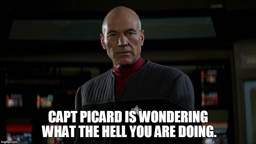 Jean Luc Picard | CAPT PICARD IS WONDERING WHAT THE HELL YOU ARE DOING. | image tagged in jean luc picard | made w/ Imgflip meme maker