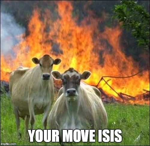Evil Cows | YOUR MOVE ISIS | image tagged in memes,evil cows | made w/ Imgflip meme maker