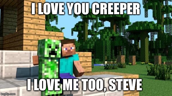 minecraft friendship | I LOVE YOU CREEPER I LOVE ME TOO, STEVE | image tagged in minecraft friendship | made w/ Imgflip meme maker
