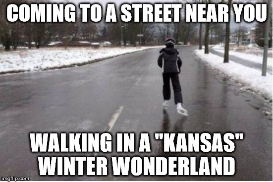winter | COMING TO A STREET NEAR YOU WALKING IN A "KANSAS" WINTER WONDERLAND | image tagged in kansas | made w/ Imgflip meme maker