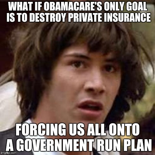 We'll all be screwed if that happens | WHAT IF OBAMACARE'S ONLY GOAL IS TO DESTROY PRIVATE INSURANCE FORCING US ALL ONTO A GOVERNMENT RUN PLAN | image tagged in memes,conspiracy keanu | made w/ Imgflip meme maker