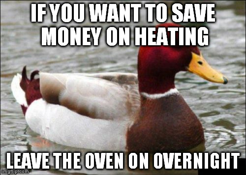 Malicious Advice Mallard | IF YOU WANT TO SAVE MONEY ON HEATING LEAVE THE OVEN ON OVERNIGHT | image tagged in memes,malicious advice mallard | made w/ Imgflip meme maker