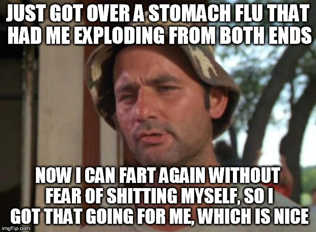 So I Got That Goin For Me Which Is Nice | JUST GOT OVER A STOMACH FLU THAT HAD ME EXPLODING FROM BOTH ENDS NOW I CAN FART AGAIN WITHOUT FEAR OF SHITTING MYSELF, SO I GOT THAT GOING F | image tagged in memes,so i got that goin for me which is nice | made w/ Imgflip meme maker