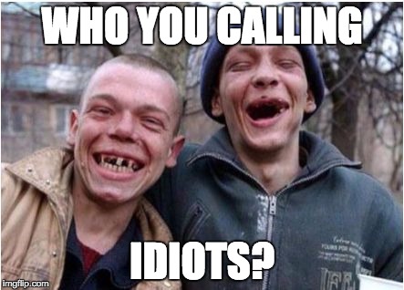 Toothless Twins | WHO YOU CALLING IDIOTS? | image tagged in toothless twins | made w/ Imgflip meme maker