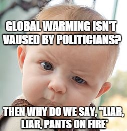 Politics and Global Warming | GLOBAL WARMING ISN'T VAUSED BY POLITICIANS? THEN WHY DO WE SAY, "LIAR, LIAR, PANTS ON FIRE' | image tagged in memes,skeptical baby,global warming,politics,politicians,liar liar | made w/ Imgflip meme maker