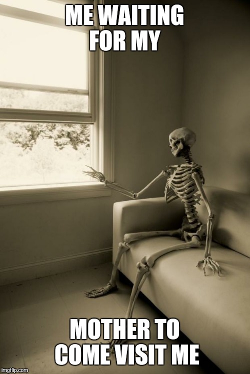 Skeleton Waiting | ME WAITING FOR MY MOTHER TO COME VISIT ME | image tagged in skeleton waiting | made w/ Imgflip meme maker