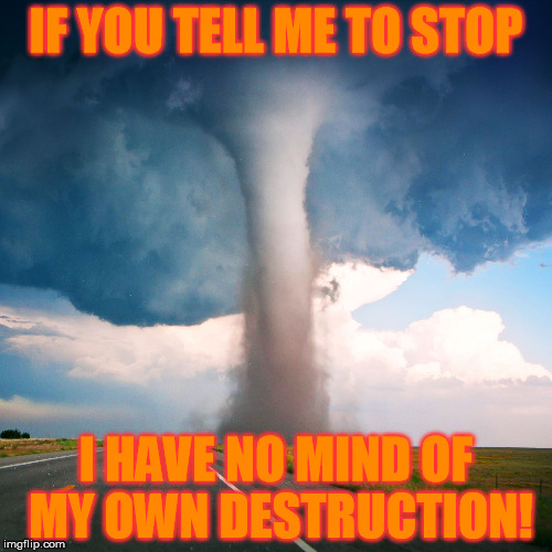 IF YOU TELL ME TO STOP I HAVE NO MIND OF MY OWN DESTRUCTION! | image tagged in no mind of its own destrcution | made w/ Imgflip meme maker