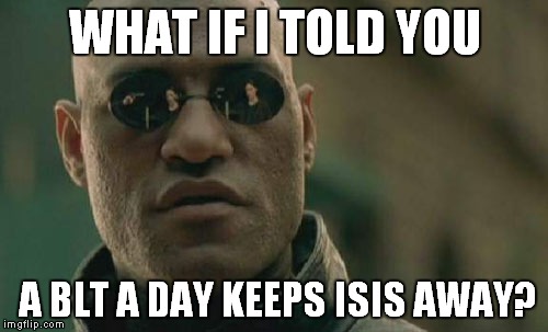 Matrix Morpheus Meme | WHAT IF I TOLD YOU A BLT A DAY KEEPS ISIS AWAY? | image tagged in memes,matrix morpheus | made w/ Imgflip meme maker