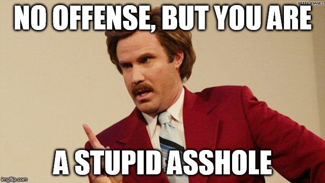 NO OFFENSE, BUT YOU ARE A STUPID ASSHOLE | image tagged in ron burgundy | made w/ Imgflip meme maker