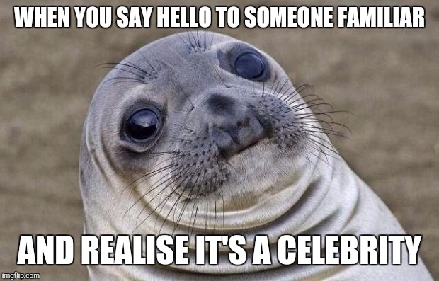 Awkward Moment Sealion | WHEN YOU SAY HELLO TO SOMEONE FAMILIAR AND REALISE IT'S A CELEBRITY | image tagged in memes,awkward moment sealion,celebrity,hello,awkward | made w/ Imgflip meme maker