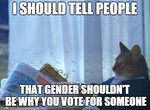 I Should Buy A Boat Cat Meme | I SHOULD TELL PEOPLE THAT GENDER SHOULDN'T BE WHY YOU VOTE FOR SOMEONE | image tagged in memes,i should buy a boat cat | made w/ Imgflip meme maker