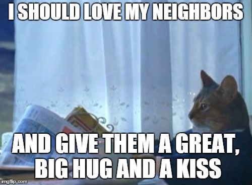 I Should Buy A Boat Cat Meme | I SHOULD LOVE MY NEIGHBORS AND GIVE THEM A GREAT, BIG HUG AND A KISS | image tagged in memes,i should buy a boat cat | made w/ Imgflip meme maker