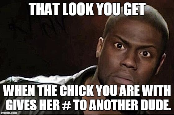 Kevin Hart | THAT LOOK YOU GET WHEN THE CHICK YOU ARE WITH GIVES HER # TO ANOTHER DUDE. | image tagged in kevin hart | made w/ Imgflip meme maker