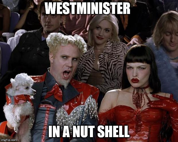 Mugatu So Hot Right Now Meme | WESTMINISTER IN A NUT SHELL | image tagged in memes,mugatu so hot right now | made w/ Imgflip meme maker